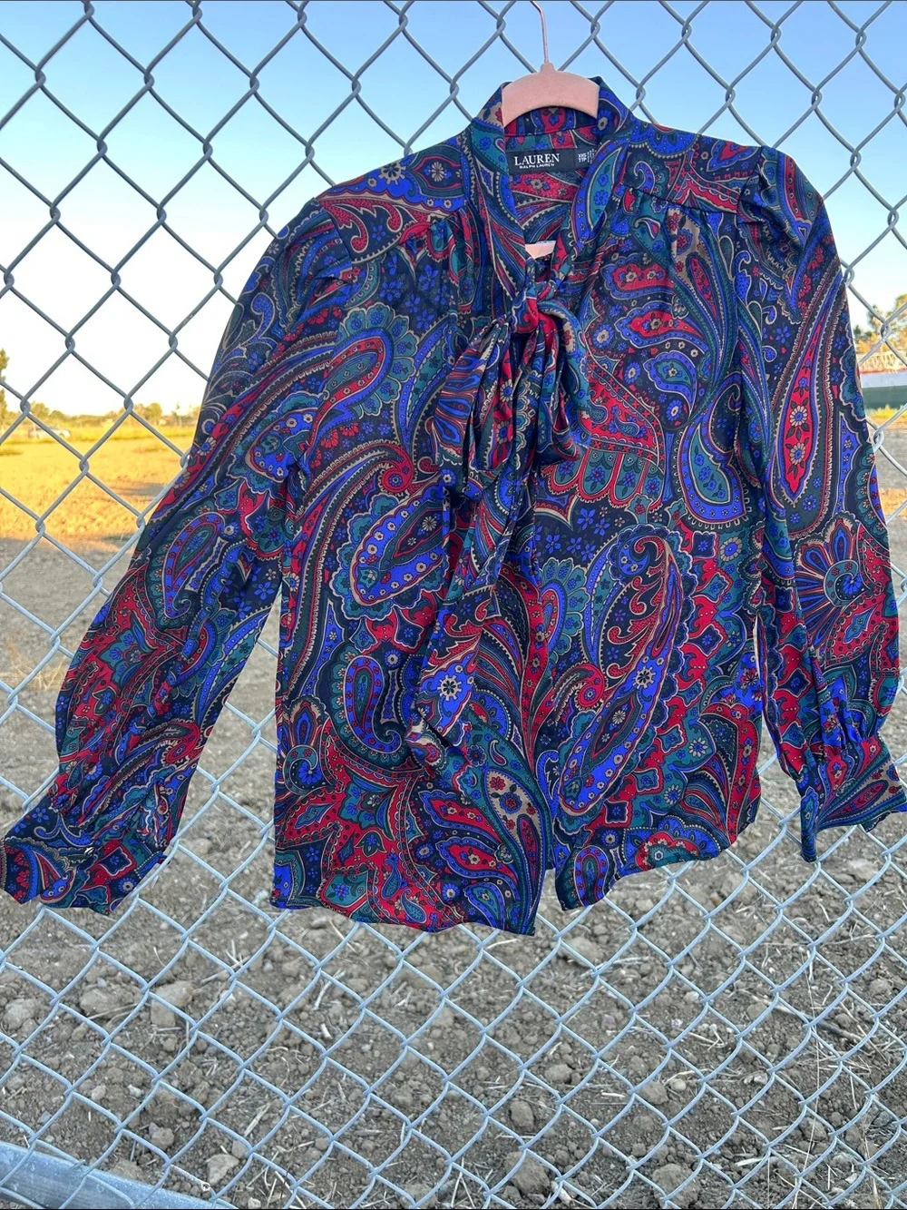 Lauren Ralph Lauren equestrian blue red & purple Paisley Tie-Neck Blouse - Picture 8 of 12